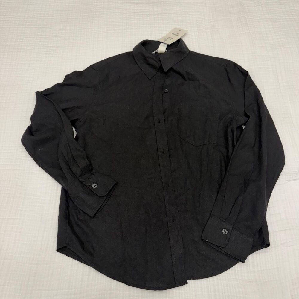 h&m black linen blend button down shirt